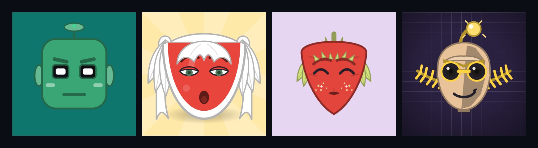 Four avatars from Avatartarus — a green robot, an anime figure on a sunburst, a strawberry, and a steampunk cyborg — showing the range of themes
